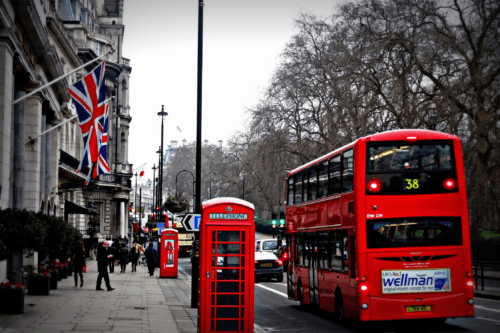 british streetscape with red bus and phone booth