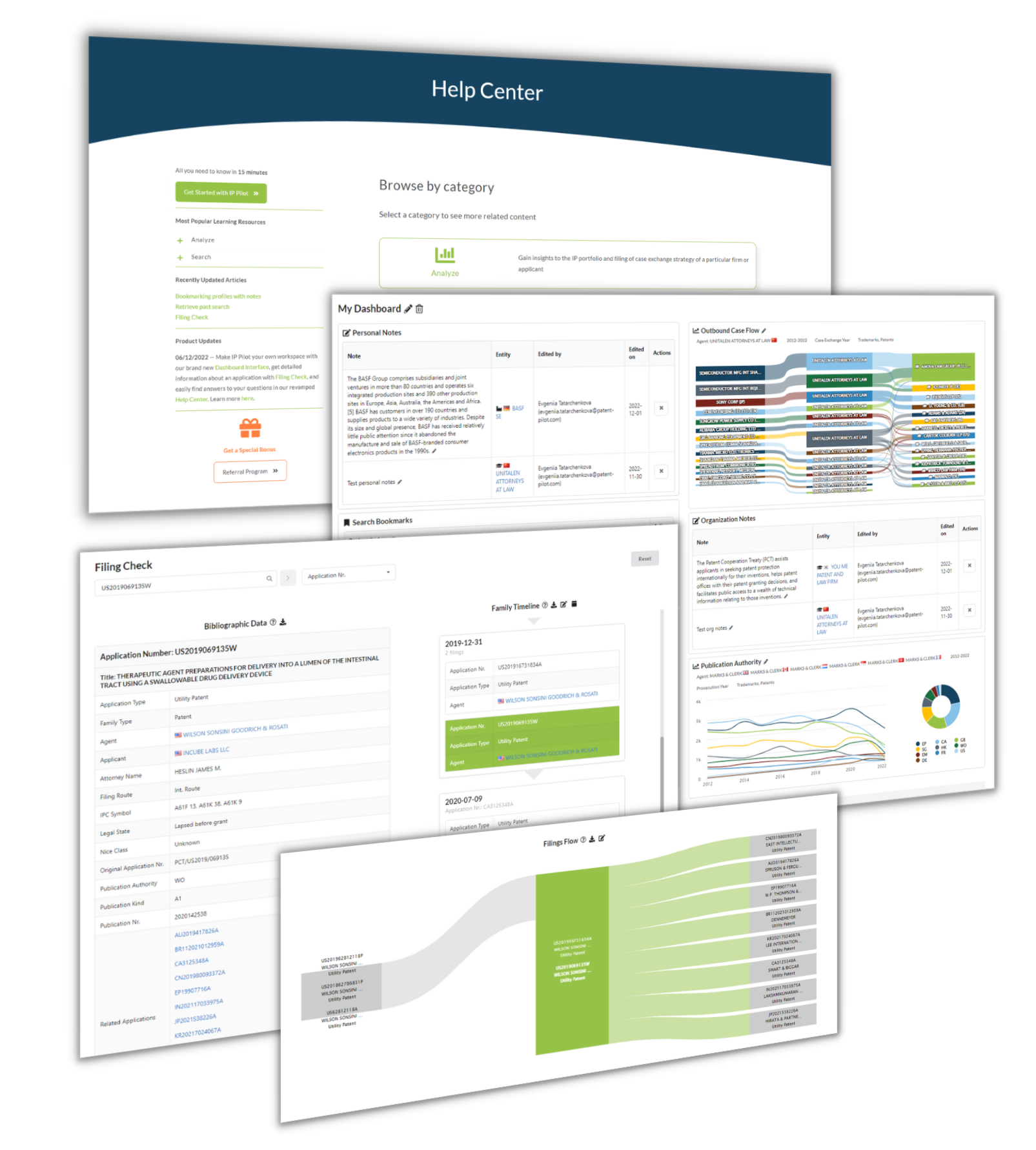 Dashboard interface, Filing Check, and New Help Center | IP Pilot