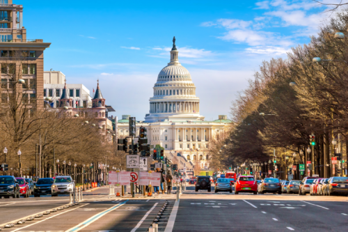 US Capitol dome at the end of a tree-lined avenue in Washington DC