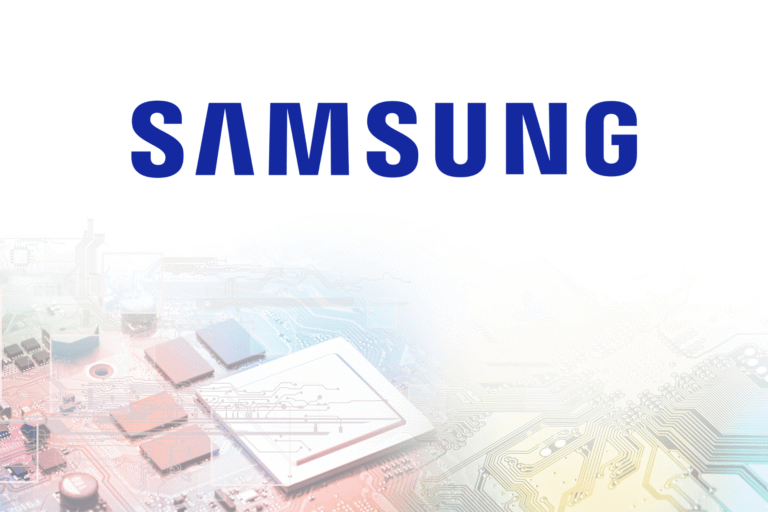 Samsung logo above a faded circuit board with processor chips