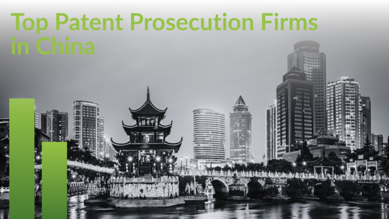Title card reading Top Patent Prosecution Firms in China over the same skyline in gray