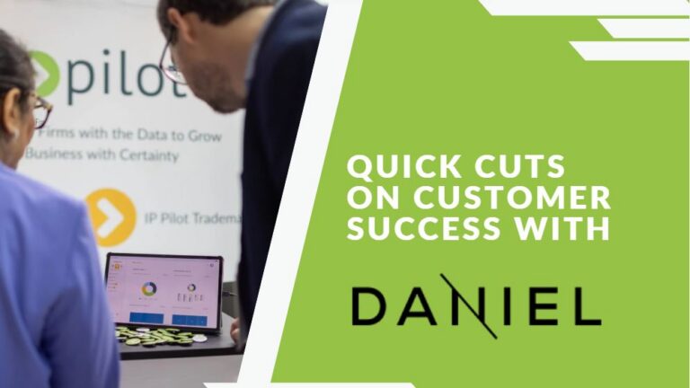 Quick Cuts on Customer Success with Daniel, over a photo of an IP Pilot conference booth