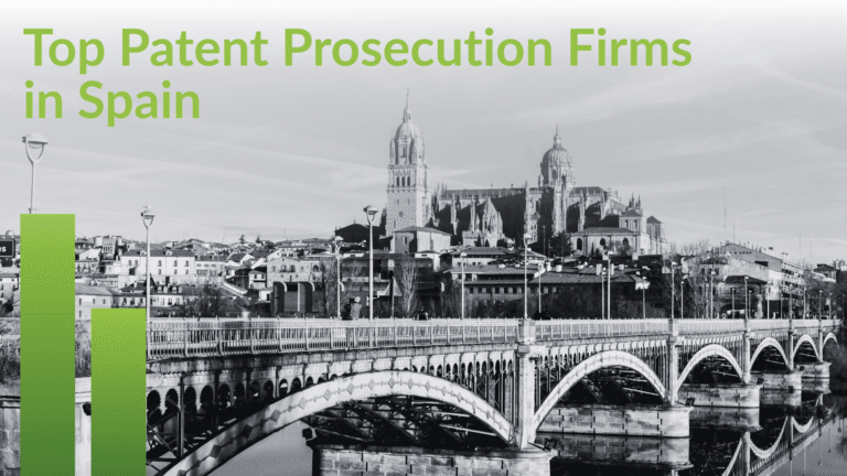 Title card reading Top Patent Prosecution Firms in Spain over a black and white city view