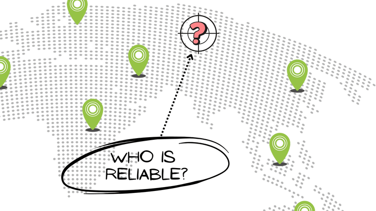 Dotted world map with location pins and a handwritten question, who is reliable