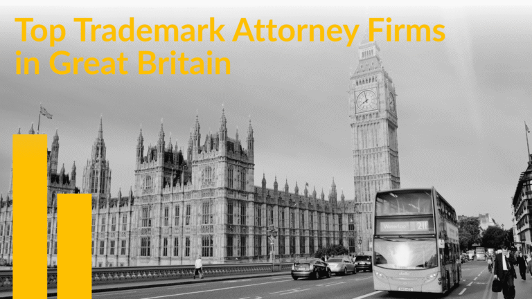 Title card reading Top Trademark Attorney Firms in Great Britain over a monochrome view of Westminster