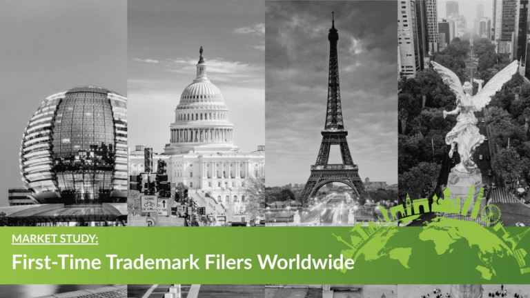Market study banner reading First-Time Trademark Filers Worldwide over four landmark photos