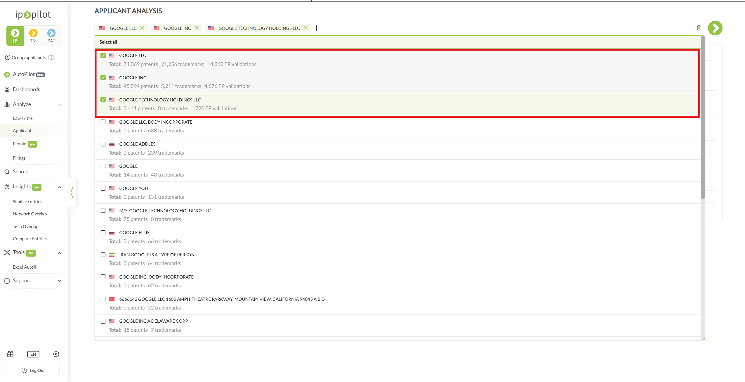 Applicant search results with three related company entities ticked, each showing its total patents, trademarks and EP validations