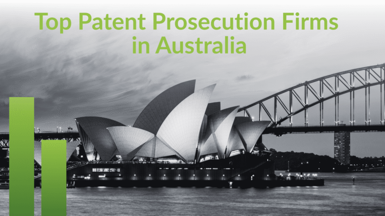 Report title card, Top Patent Prosecution Firms in Australia, over the Sydney Opera House and Harbour Bridge