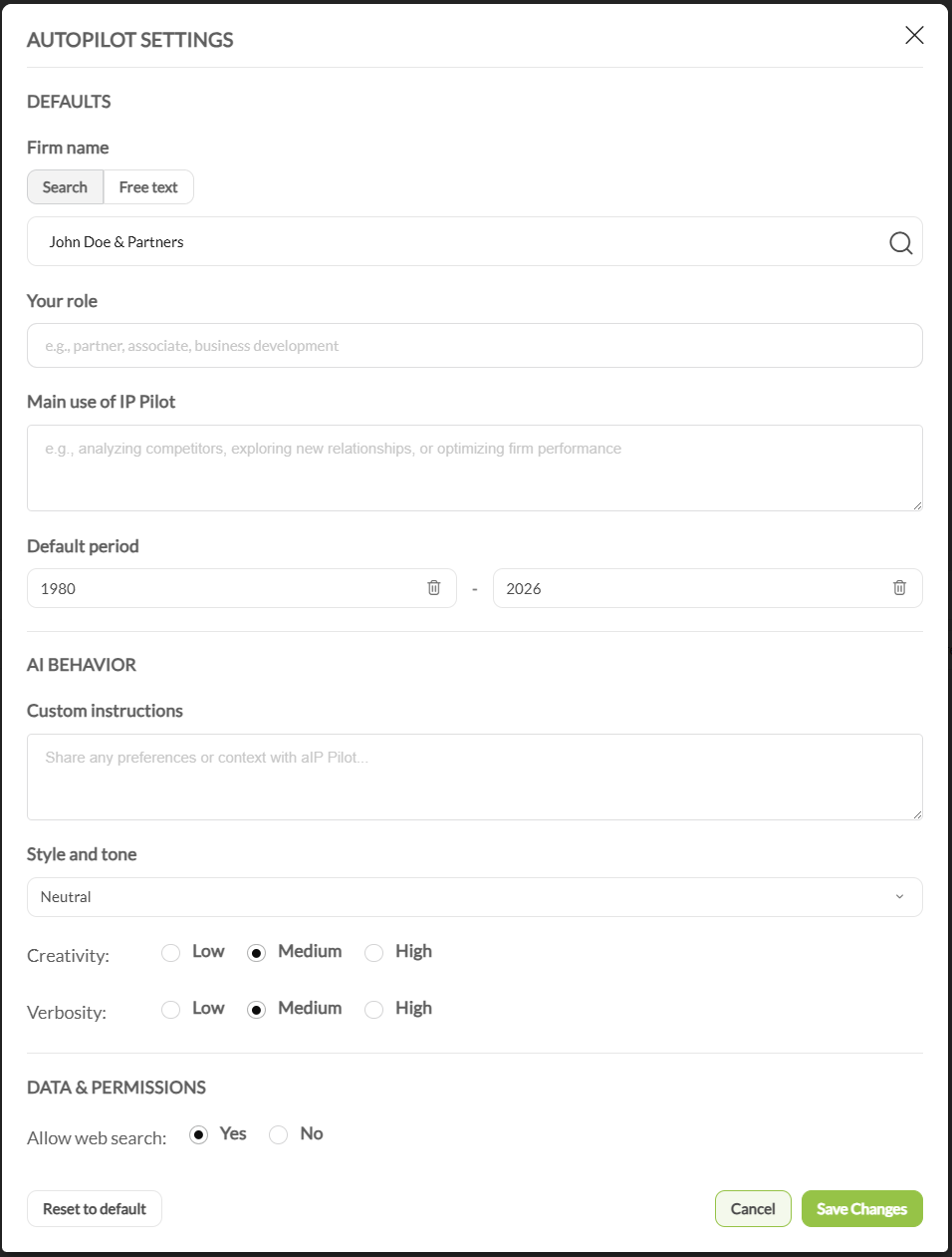 Der Einstellungsdialog von AutoPilot mit den Abschnitten Defaults, AI Behavior sowie Data and Permissions