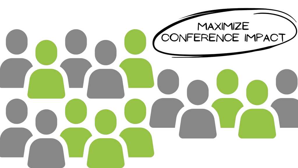 Reihen stilisierter Konferenzteilnehmer, einige grün hervorgehoben, neben dem Schriftzug Maximize Conference Impact