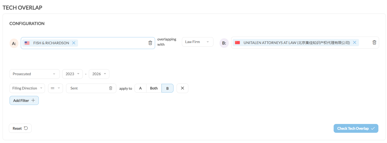 Das Konfigurationspanel von Tech Overlap mit einer Entität in A, einer Entität in B, einem nur auf B angewendeten Filter Filing Direction und der Schaltfläche Check Tech Overlap