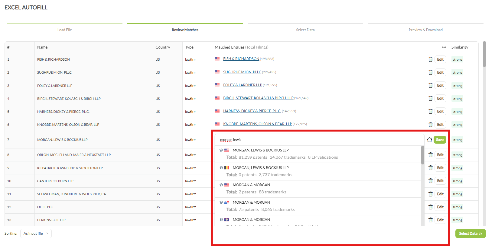The Review Matches step with the edit search open on one row, offering several same-name firms with their patent, trademark and EP validation totals so the right one can be picked.