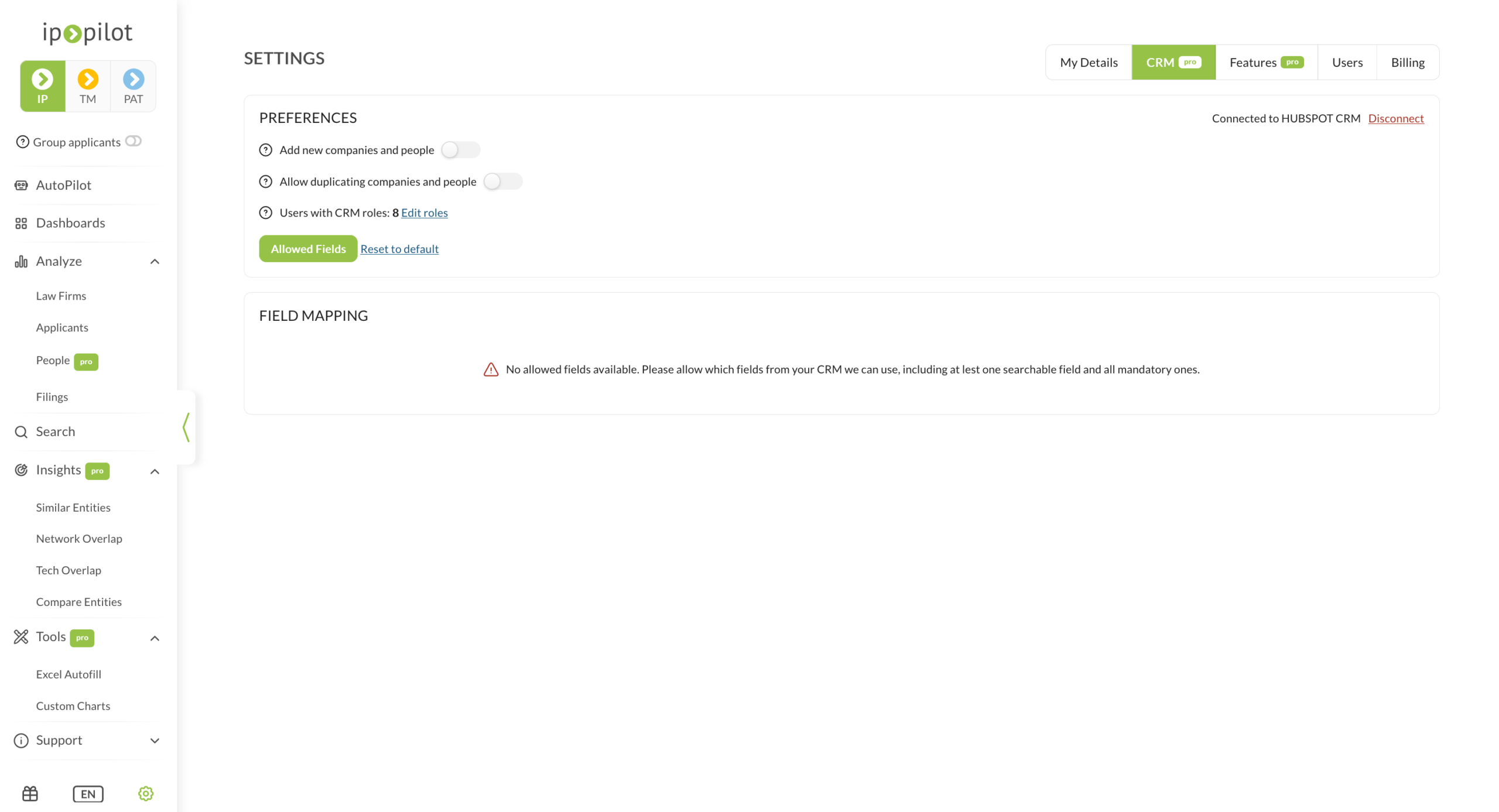 Die CRM-Einstellungsseite nach dem Neuladen, mit Connected to HubSpot CRM und der Option Disconnect