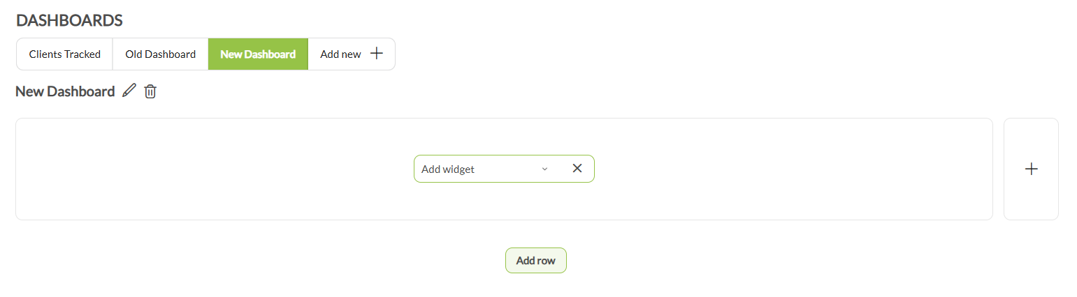 Ein neu angelegtes Dashboard: die Tab-Zeile mit Add new am Ende, der Dashboard-Name mit Stift- und Papierkorbsymbol, ein leerer Platz mit dem Dropdown Add widget, das Plus-Steuerelement der Zeile rechts und darunter Add row.
