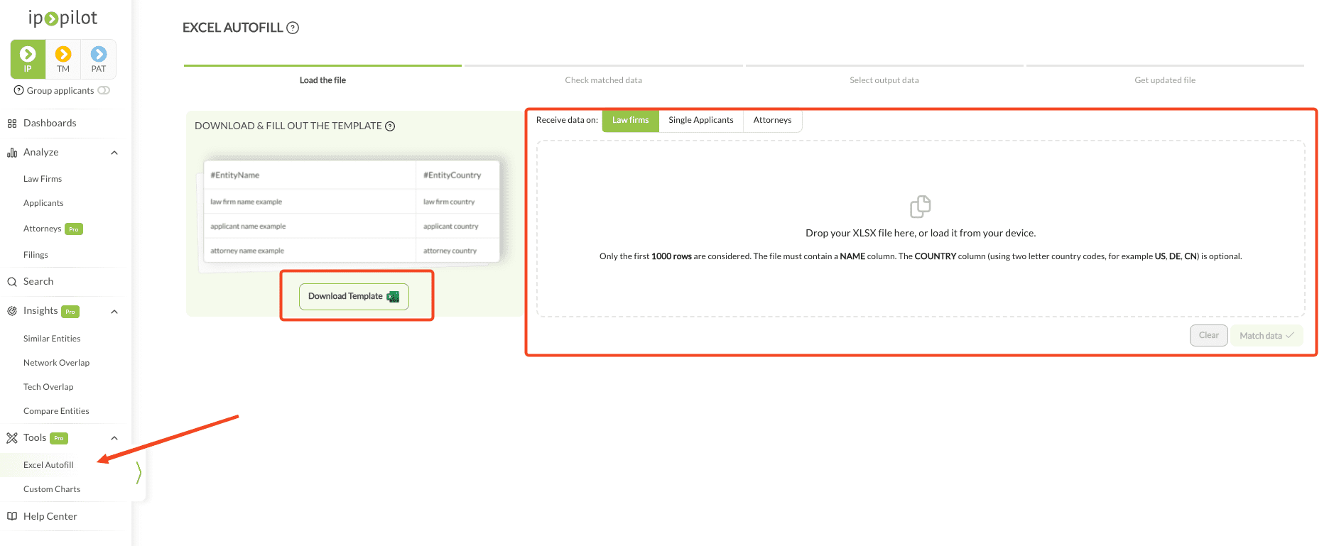 The Excel Autofill screen at the Load the file step, with the template download on the left and the upload area on the right set to receive data on law firms.
