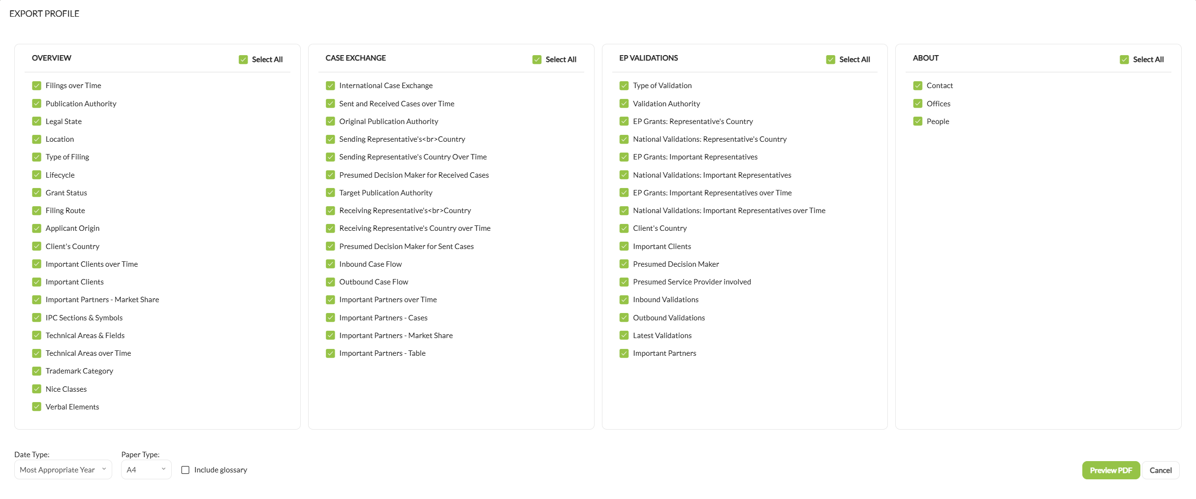 The Export Profile dialog with its chart columns and Select All checkboxes, the Date Type and Paper Type dropdowns, the Include glossary checkbox and the Preview PDF button