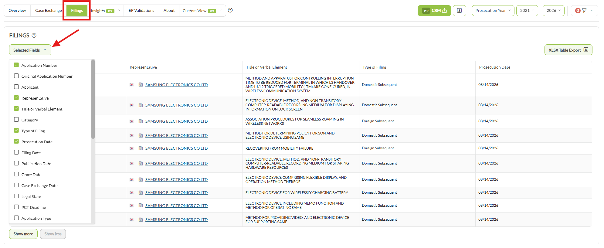 The Filings tab with the Selected Fields dropdown open, showing the default columns checked and the further fields available, beside the XLSX Table Export button