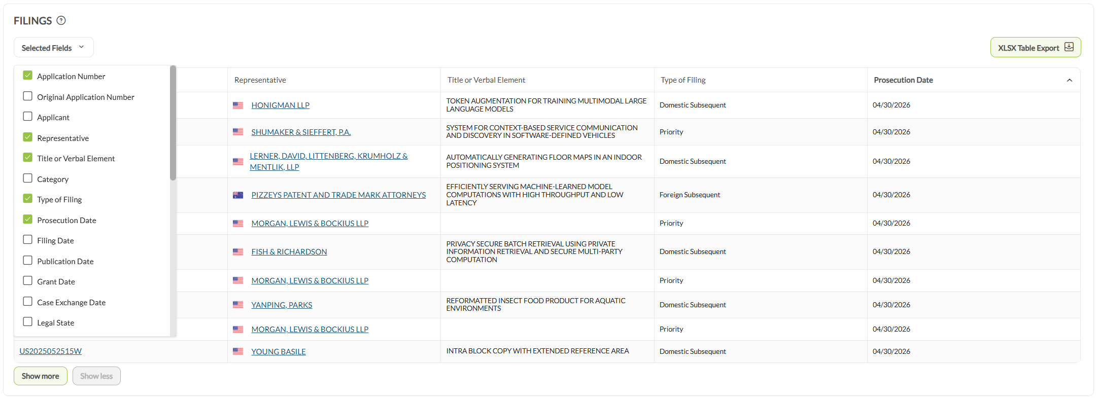 The Filings tab with the Selected Fields dropdown open and the XLSX Table Export button on the right