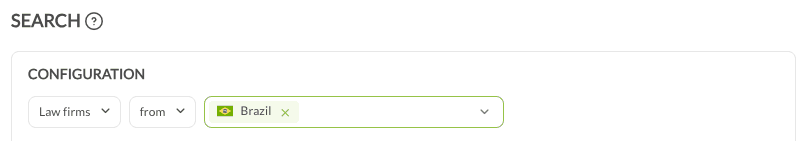 The first row of the Search configuration, set to law firms from Brazil.