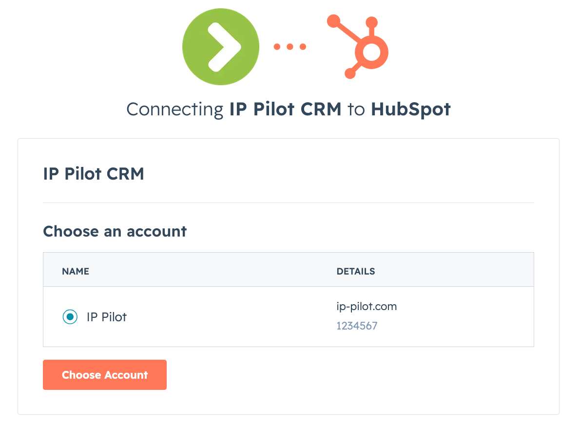 Der eigene Autorisierungsbildschirm des CRM, der die von IP Pilot angeforderten Berechtigungen auflistet