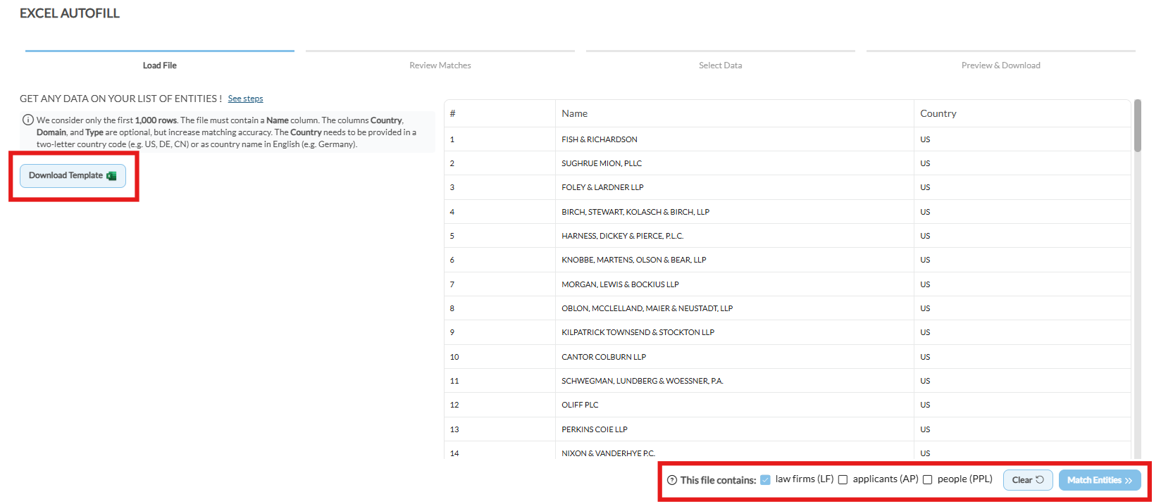 The Load File step, with Download Template highlighted on the left, the uploaded list of firms previewed on the right, and the file-contains checkboxes for law firms, applicants and people beside the Match Entities button at the foot.