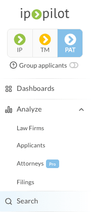 The top of the left navigation pane with the IP, TM and PAT buttons, PAT selected, above Group applicants, Dashboards and the Analyze items.