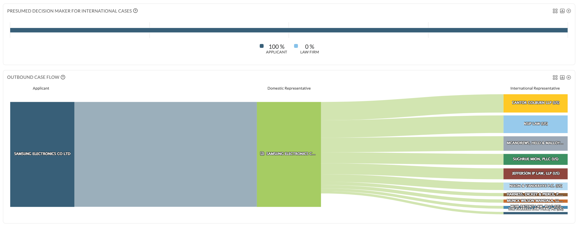 The Presumed Decision Maker for International Cases chart split between Applicant and Law Firm, above the Outbound Case Flow diagram
