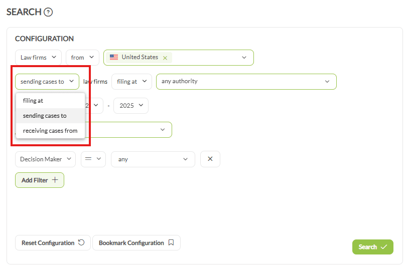 The Search configuration panel for law firms from the United States, with the relationship dropdown open on filing at, sending cases to and receiving cases from.