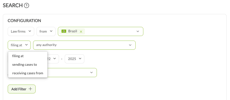 The relationship dropdown open on a Brazil law firm search, showing filing at, sending cases to and receiving cases from.