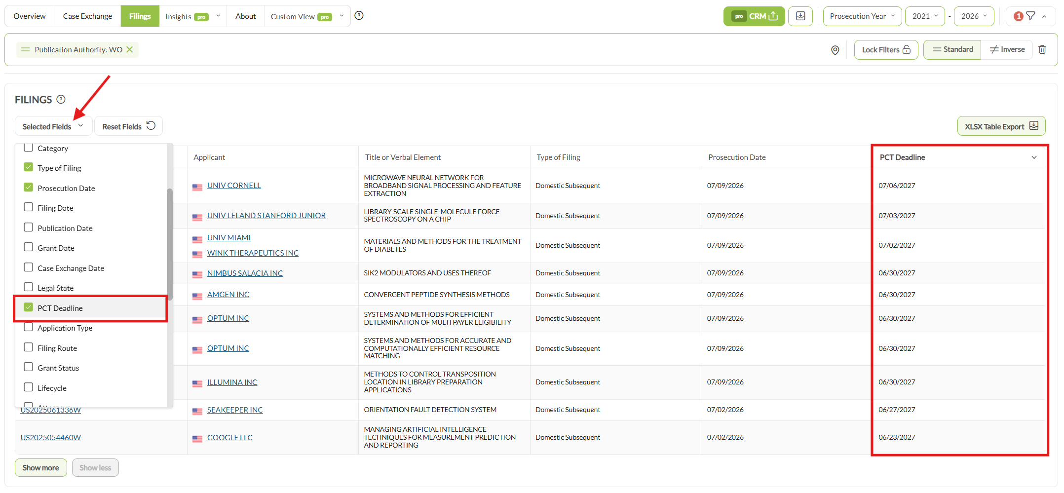 Der Tab Filings mit geöffnetem Selected Fields und hinzugefügter Spalte PCT Deadline