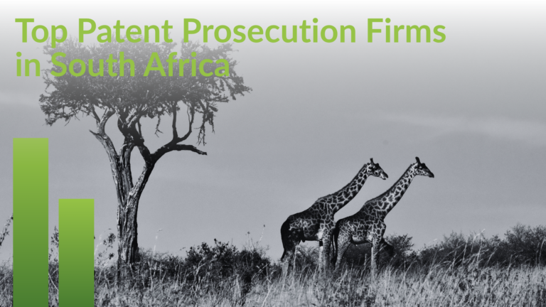 Report title card, Top Patent Prosecution Firms in South Africa, over two giraffes on the savanna