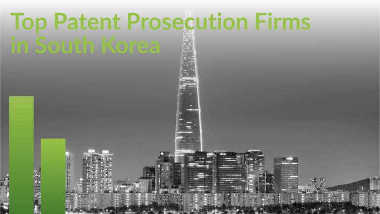 Report title card, Top Patent Prosecution Firms in South Korea, over the Seoul skyline