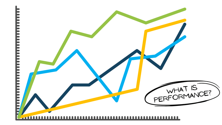 Illustration of four rising trend lines with a handwritten label asking what is performance