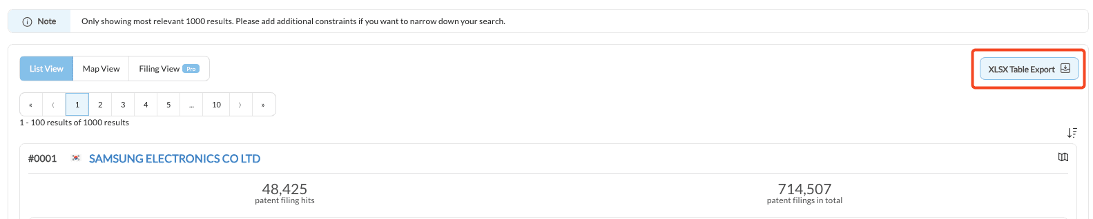 The search results header with the XLSX Table Export button highlighted, above the first result and the note that only the most relevant 1,000 results are shown.