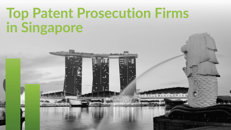Top Patent Prosecution Firms in Singapore banner over a black and white Marina Bay skyline and the Merlion