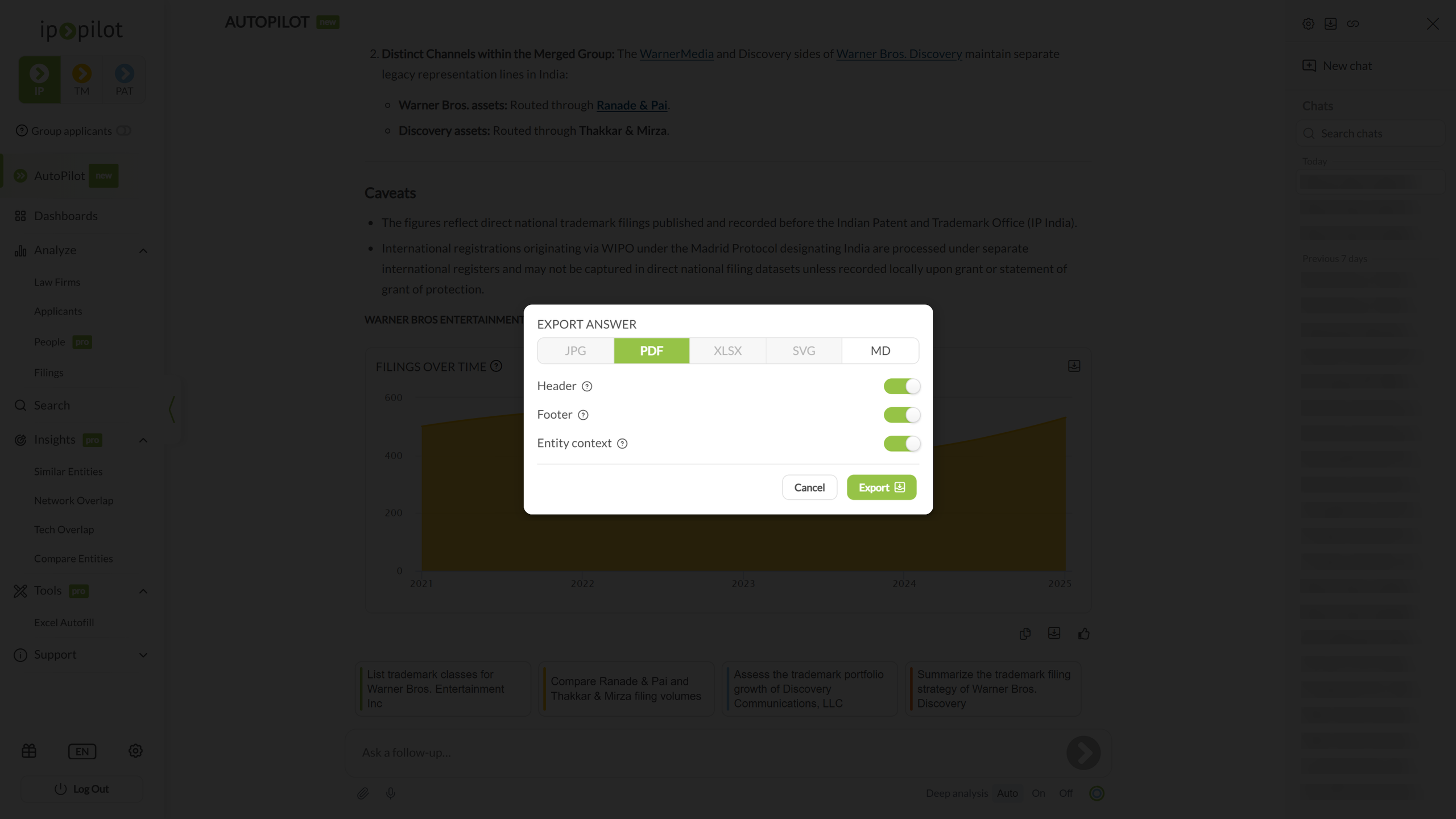 The AutoPilot export dialog with PDF and MD formats and header, footer and context toggles