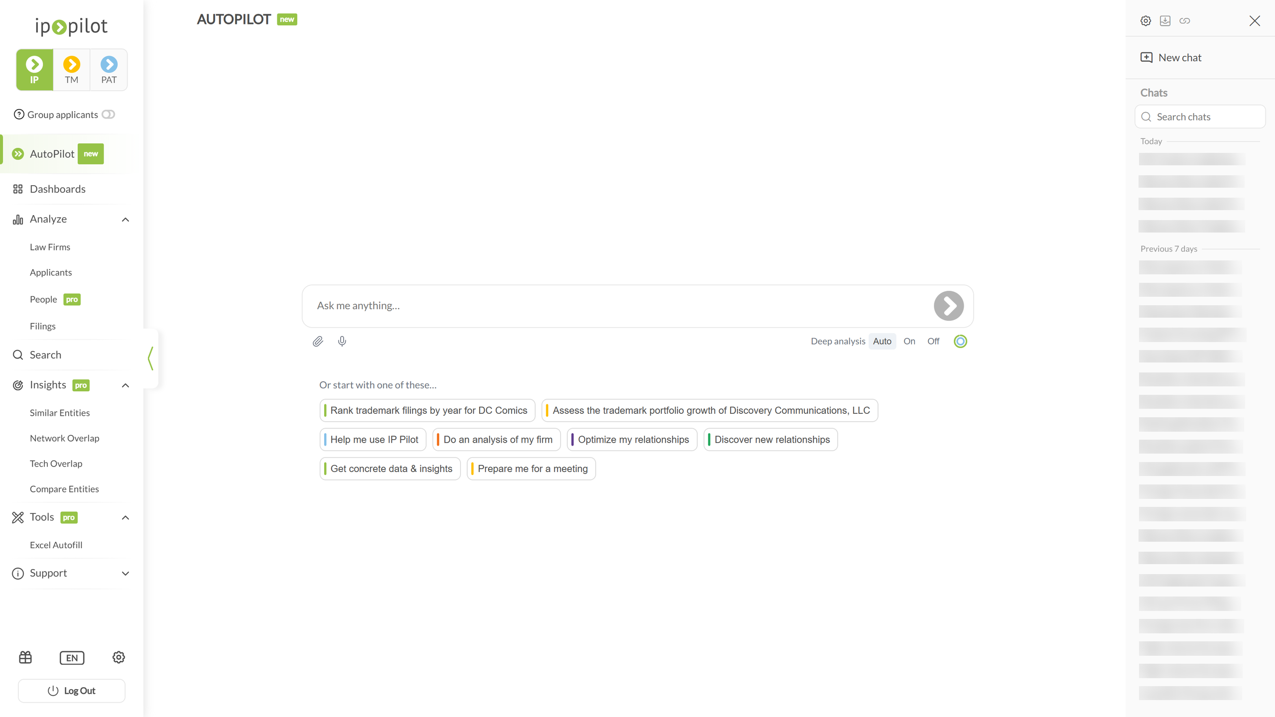 AutoPilot new chat with the message box, Deep analysis switch and suggested questions