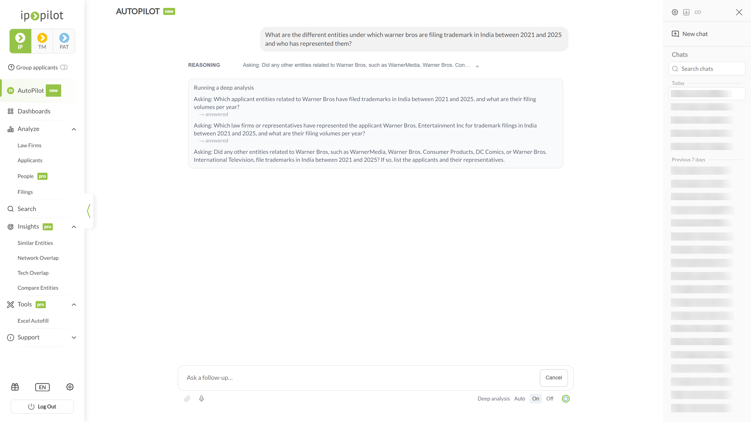 AutoPilot reasoning expanded, listing the sub-questions asked during a deep analysis