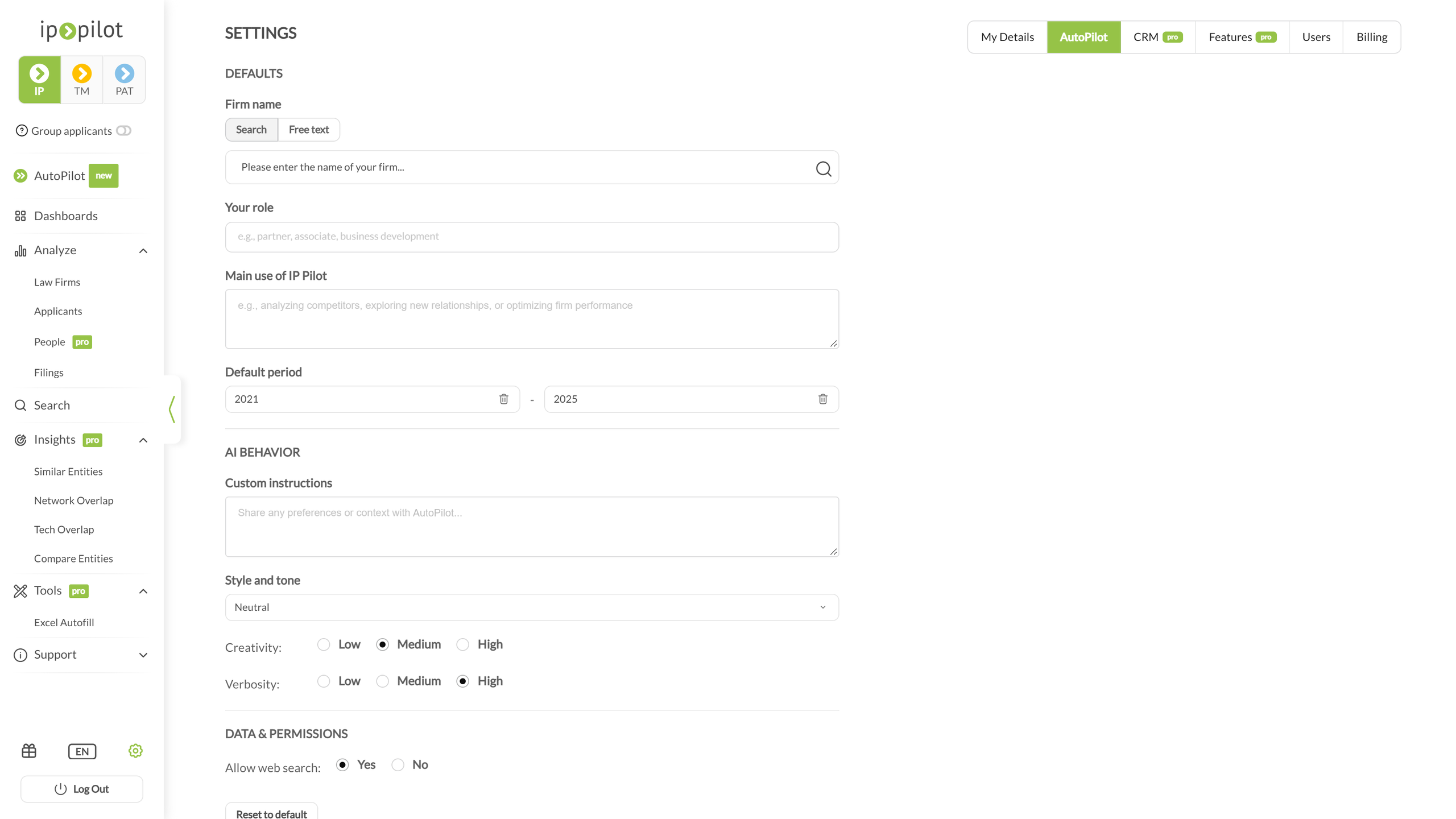 The AutoPilot tab in Settings with firm name, role, default period, AI behavior and web search